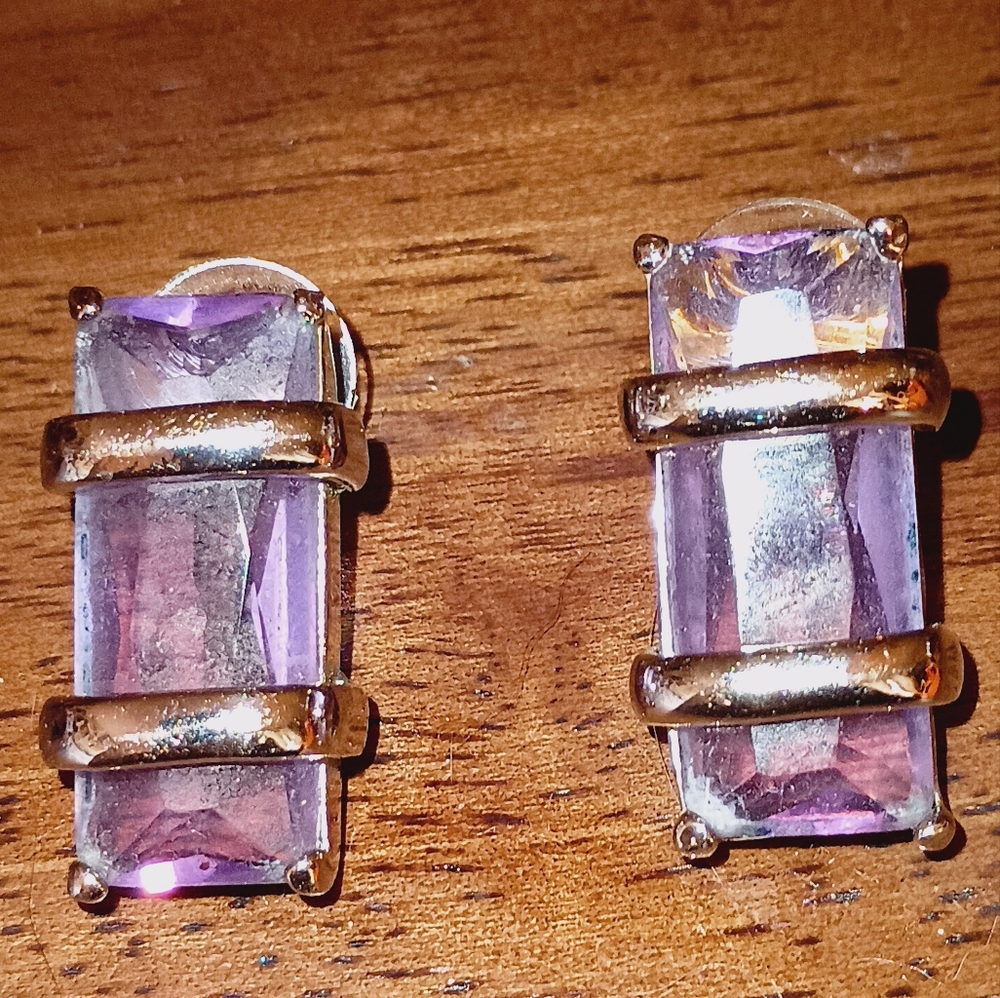 Premier Designs Silvertone Purple Glass Rectangular Stone Post Earrings